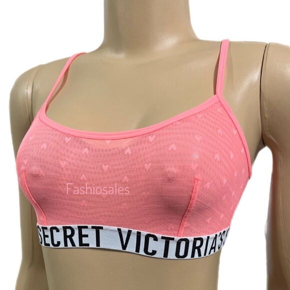 Victorias Secret Unlined Sexy Sheer Hearts Mesh bralette bra Coral Xs - Picture 3 of 4
